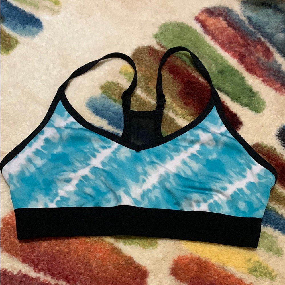 Blue and Black Racerback Sports Bra with Tie-Dye Design